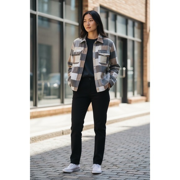 Magaschoni Jackets & Blazers - Magaschoni Womens Plaid Shacket Black Camel Ivory Button Front Shirt Jacket M